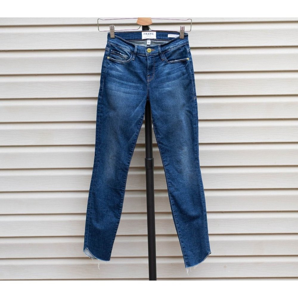 FRAME‎ Womens Le Skinny de Jeanne Jeans Size 24 Blue Wash Frayed Cutoff Mid Rise